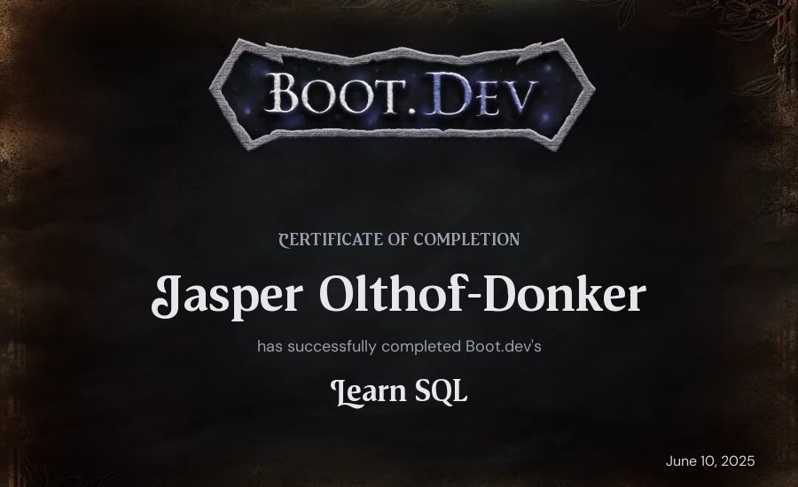 Jasper Olthof-Donker's Boot.dev Learn SQL certificate
