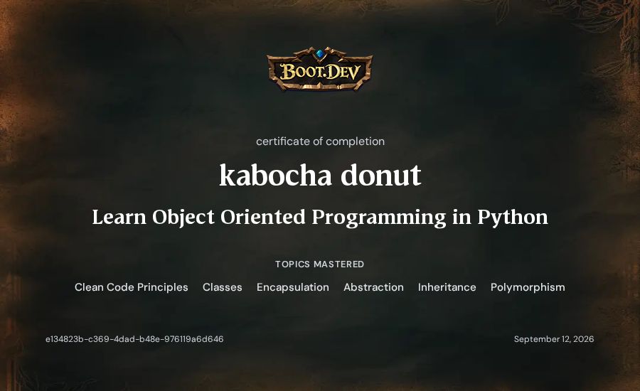 kabocha donut's Boot.dev Learn Object Oriented Programming in Python certificate