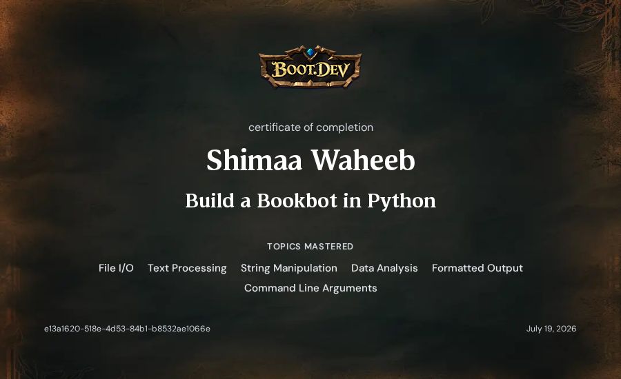 Shimaa Waheeb's Boot.dev Build a BookBot in Python certificate