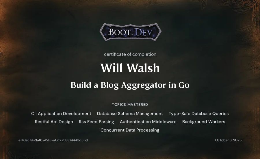 Will Walsh's Boot.dev Build a Blog Aggregator in Go certificate
