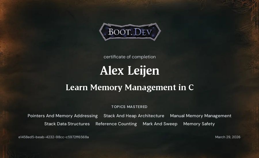 Alex Leijen's Boot.dev Learn Memory Management in C certificate