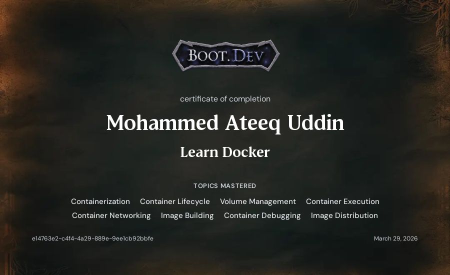 Mohammed Ateeq Uddin's Boot.dev Learn Docker certificate