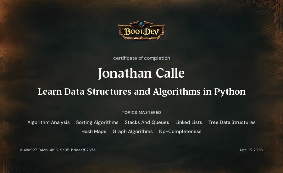 Jonathan Calle's Boot.dev Learn Data Structures and Algorithms in Python certificate