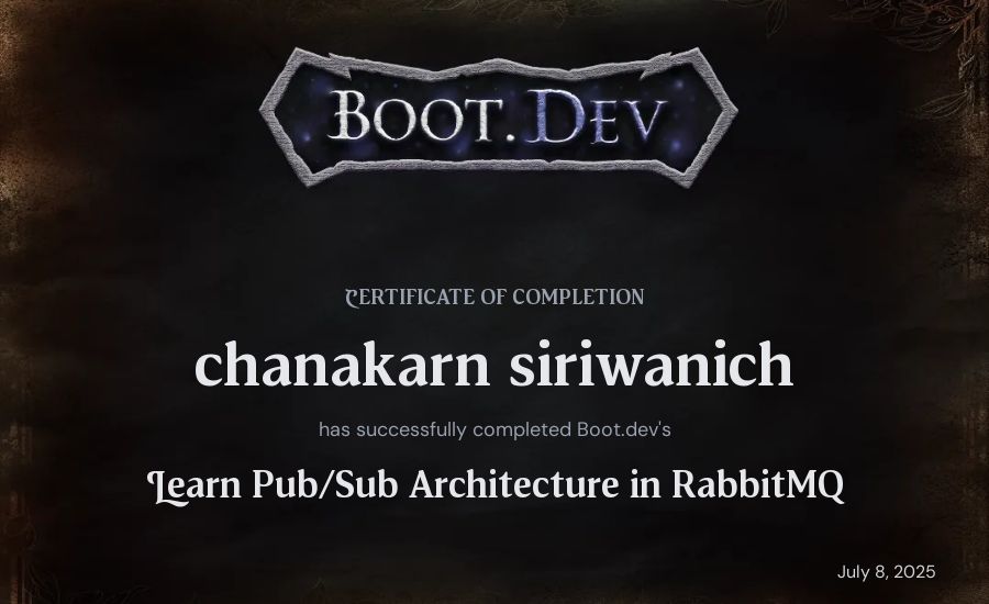 chanakarn siriwanich's Boot.dev Learn Pub/Sub in RabbitMQ and Go certificate