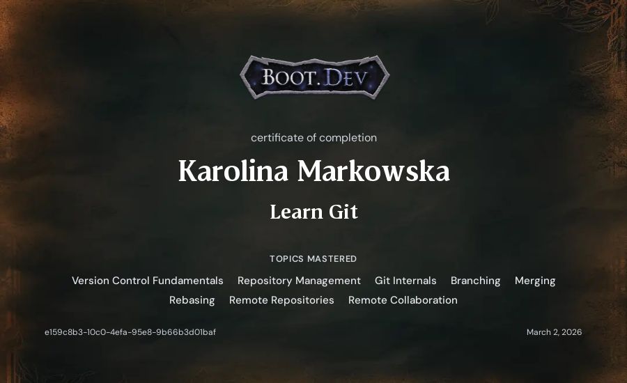 Karolina Markowska's Boot.dev Learn Git certificate