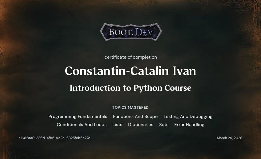 Constantin-Catalin Ivan's Boot.dev Introduction to Python Course certificate