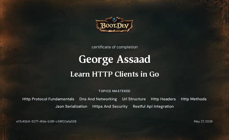 George Assaad's Boot.dev Learn HTTP Clients in Go certificate