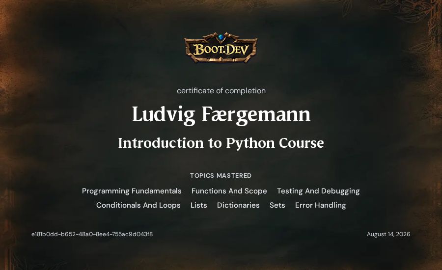 Ludvig Færgemann's Boot.dev Introduction to Python Course certificate