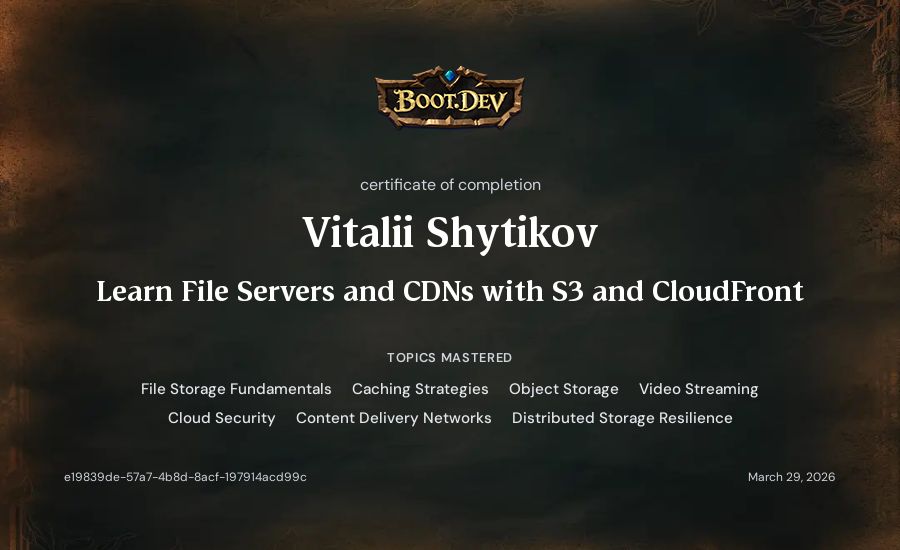 Vitalii Shytikov's Boot.dev Learn File Servers and CDNs with S3 and CloudFront certificate