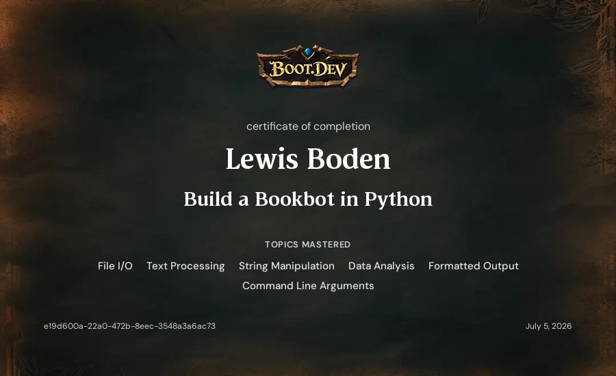 Lewis Boden's Boot.dev Build a BookBot in Python certificate
