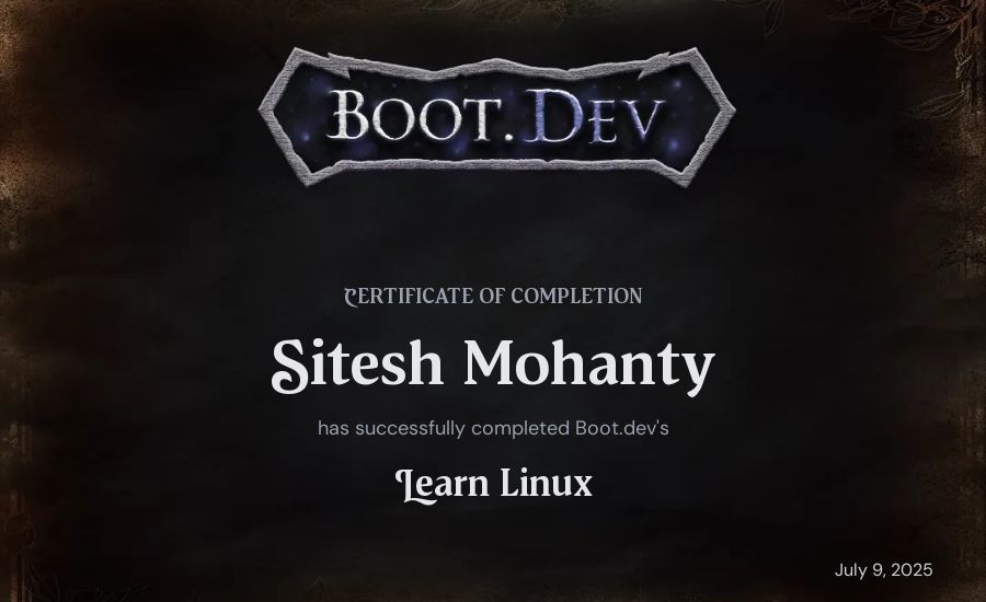 Sitesh Mohanty's Boot.dev Learn Linux certificate