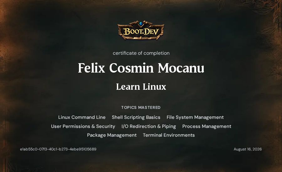 Felix Cosmin Mocanu's Boot.dev Learn Linux certificate
