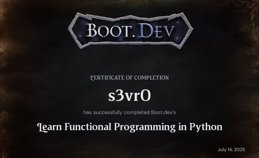 s3vr0's Boot.dev Learn Functional Programming in Python certificate