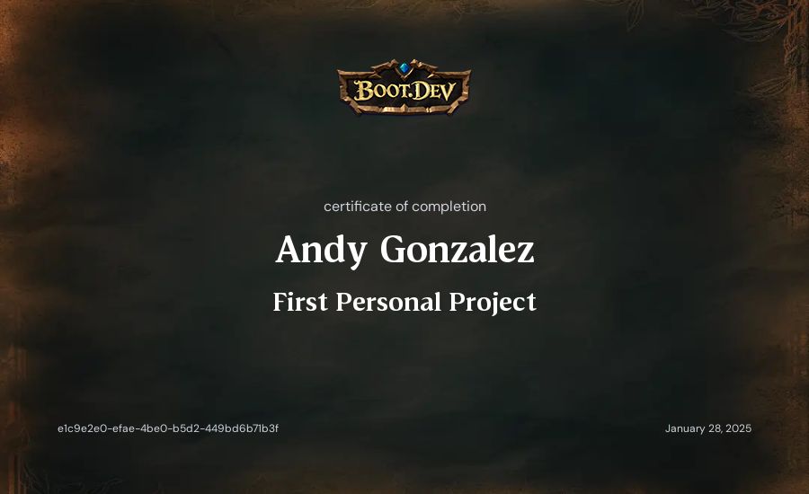 Andy Gonzalez's Boot.dev First Personal Project certificate
