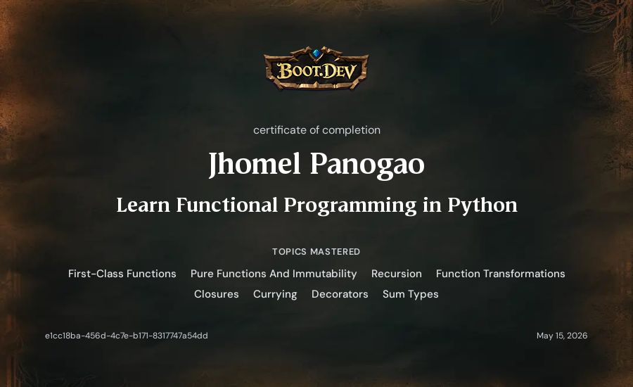 Jhomel Panogao's Boot.dev Learn Functional Programming in Python certificate