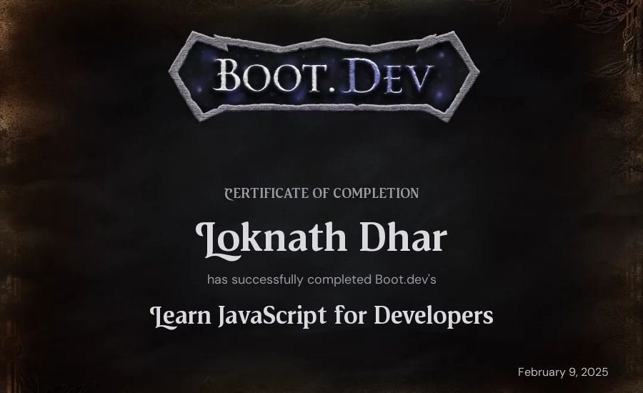 Loknath Dhar's Boot.dev Learn JavaScript certificate