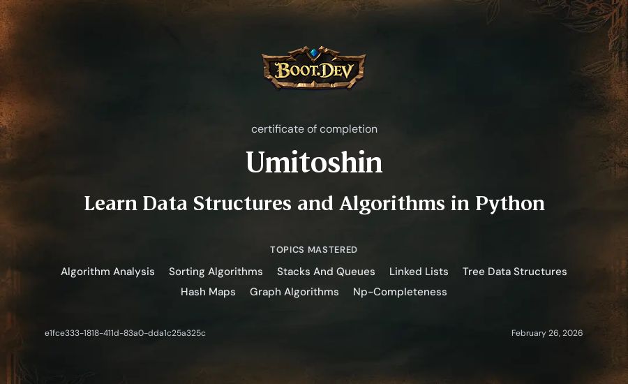 Umitoshin's Boot.dev Learn Data Structures and Algorithms in Python certificate