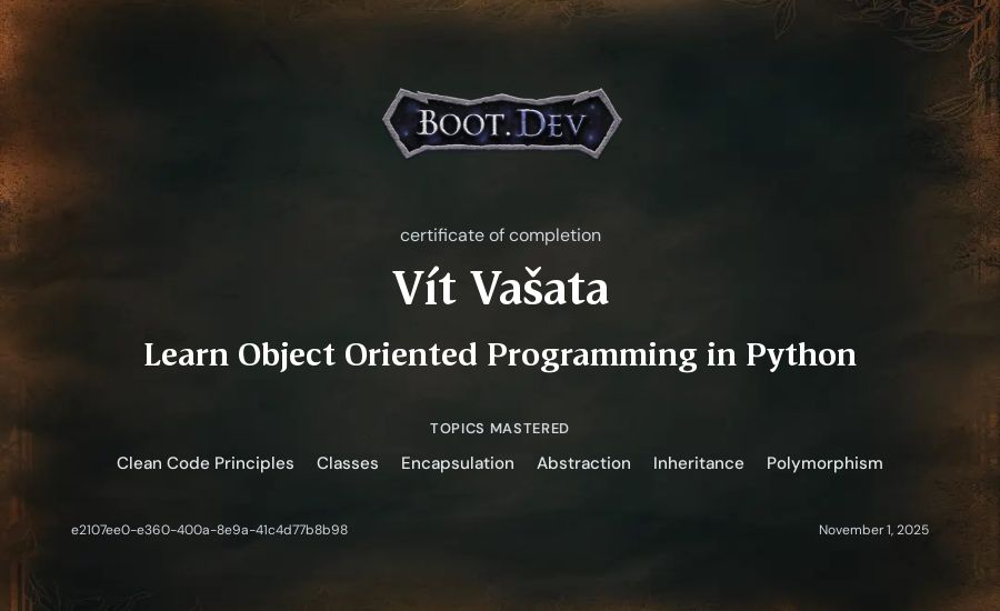 Vít Vašata's Boot.dev Learn Object Oriented Programming in Python certificate