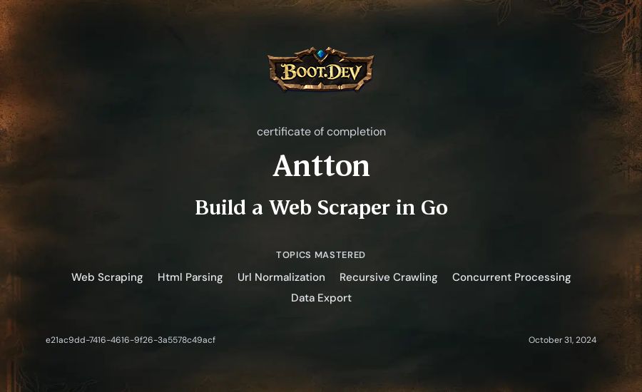 Antton's Boot.dev Build a Web Scraper in Go certificate