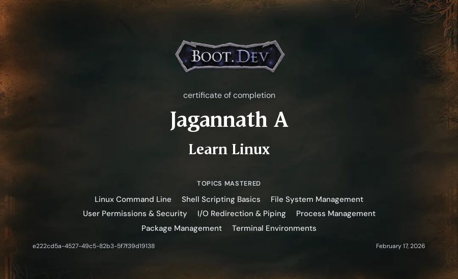 Jagannath A's Boot.dev Learn Linux certificate