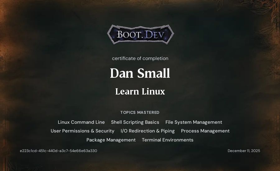 Dan Small's Boot.dev Learn Linux certificate