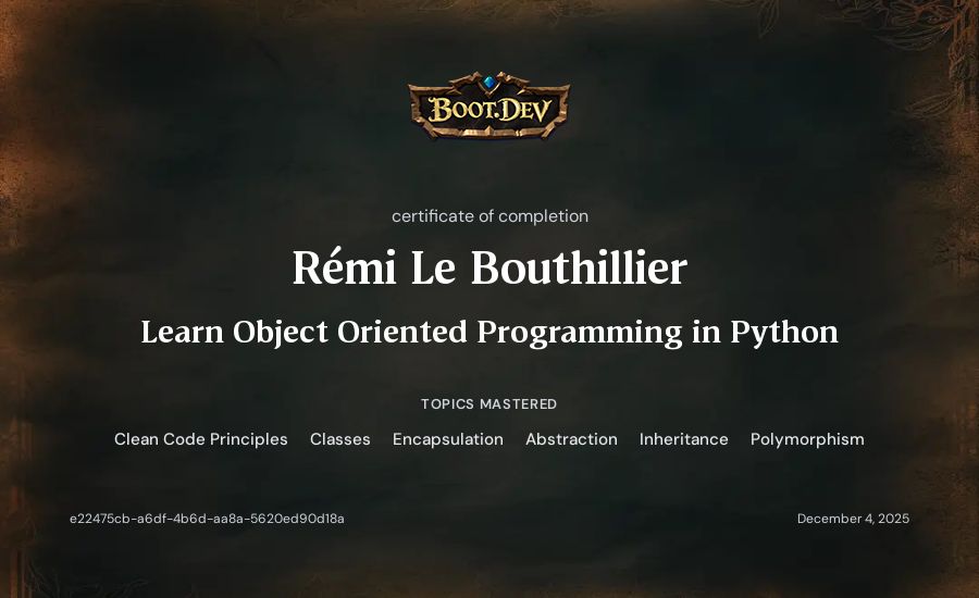 Rémi Le Bouthillier's Boot.dev Learn Object Oriented Programming in Python certificate
