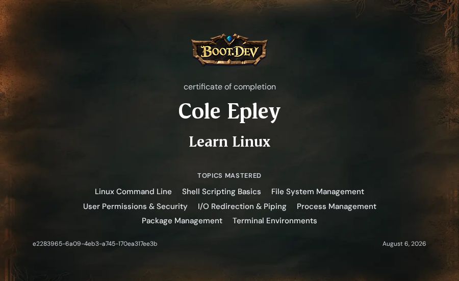 Cole Epley's Boot.dev Learn Linux certificate