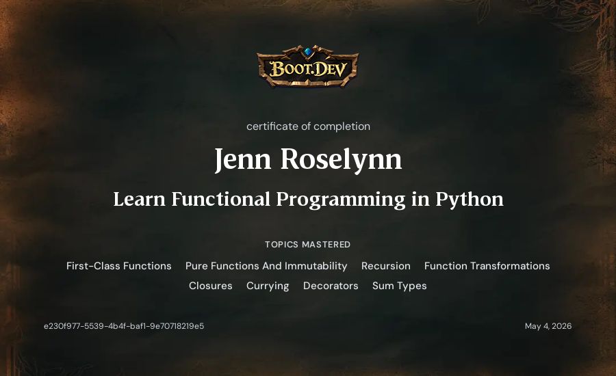 Jenn Roselynn's Boot.dev Learn Functional Programming in Python certificate