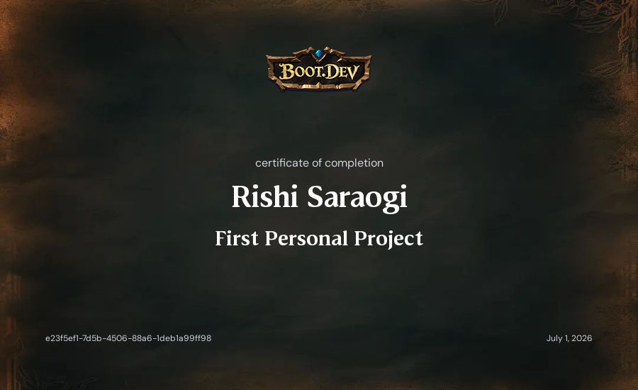 Rishi Saraogi's Boot.dev First Personal Project certificate