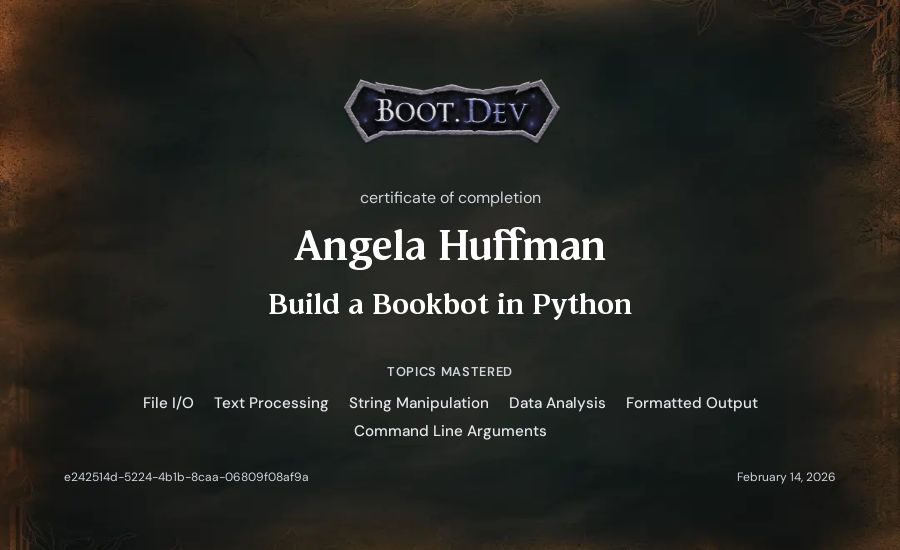 Angela Huffman's Boot.dev Build a BookBot in Python certificate