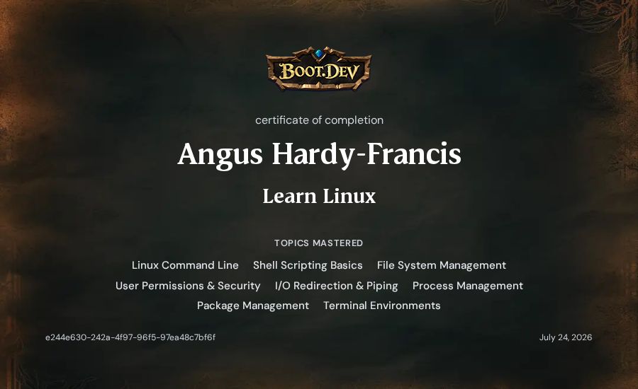 Angus Hardy-Francis's Boot.dev Learn Linux certificate