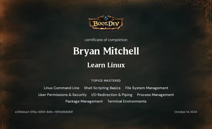 Bryan Mitchell's Boot.dev Learn Linux certificate