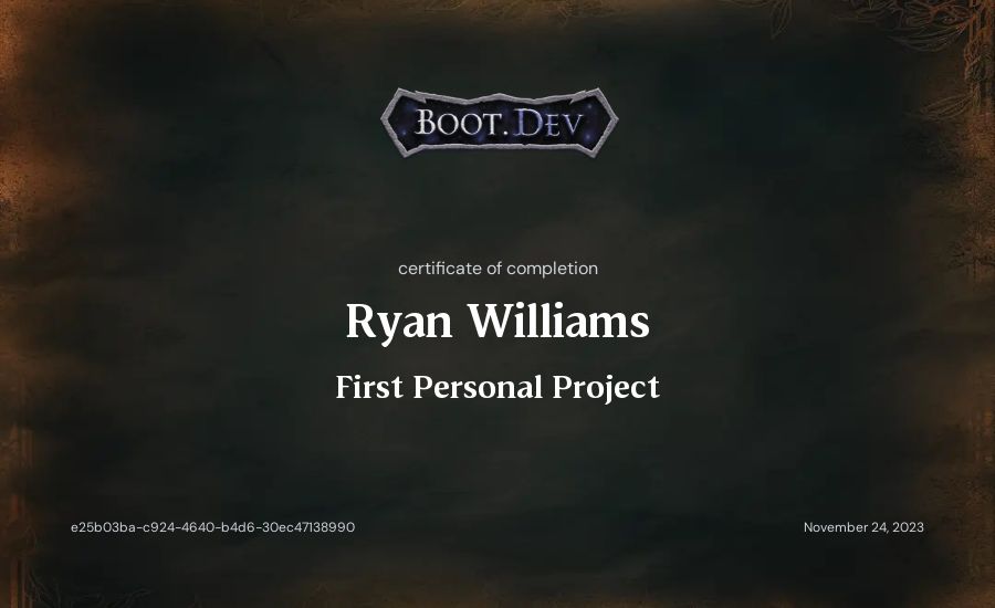 Ryan Williams's Boot.dev First Personal Project certificate