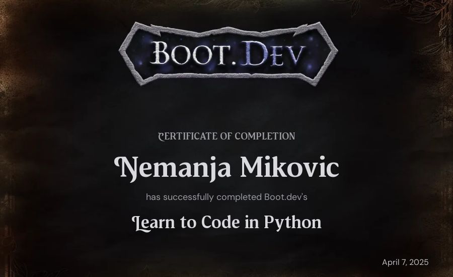 Nemanja Mikovic's Boot.dev Introduction to Python Course certificate