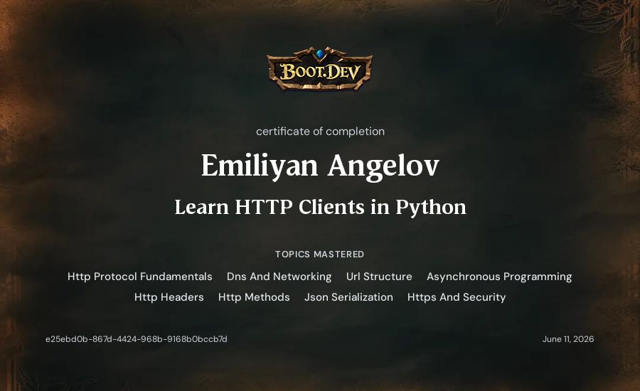 Emiliyan Angelov's Boot.dev Learn HTTP Clients in Python certificate
