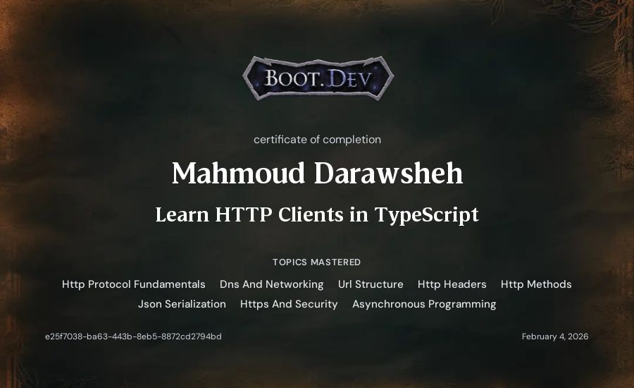 Mahmoud Darawsheh's Boot.dev Learn HTTP Clients in TypeScript certificate