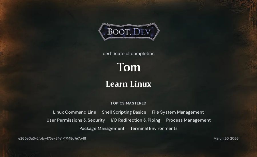 Tom's Boot.dev Learn Linux certificate