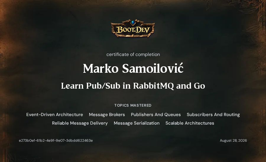 Marko Samoilović's Boot.dev Learn Pub/Sub in RabbitMQ and Go certificate