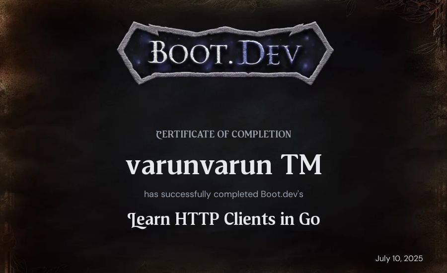 varunvarun TM's Boot.dev Learn HTTP Clients in Go certificate