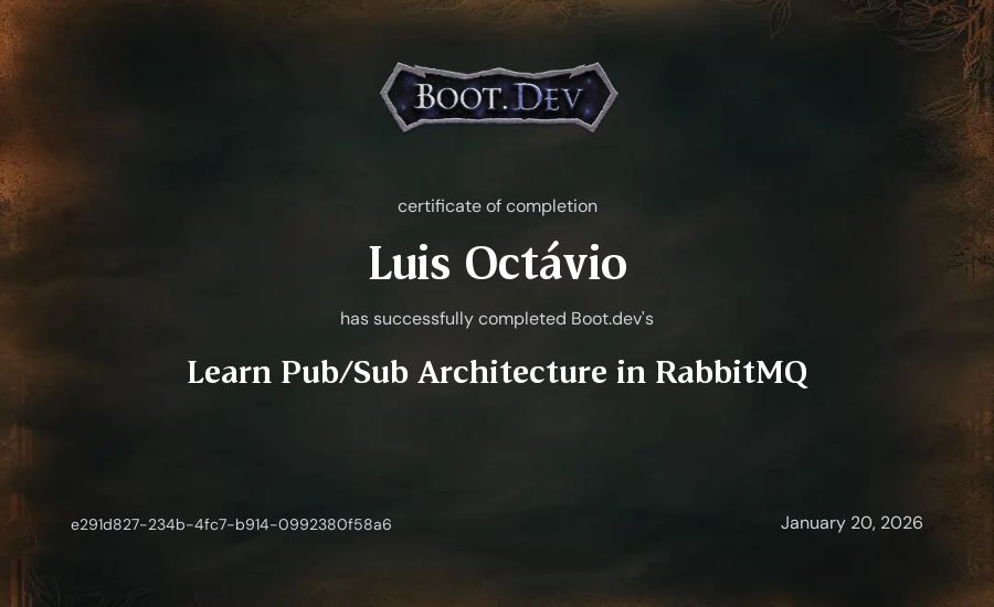 Luis Octávio's Boot.dev Learn Pub/Sub in RabbitMQ and Go certificate