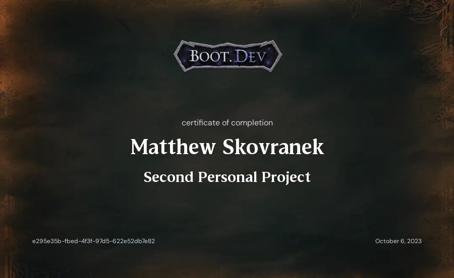 Matthew Skovranek's Boot.dev Second Personal Project certificate