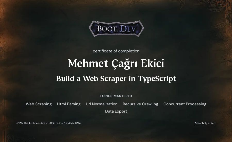 Mehmet Çağrı Ekici's Boot.dev Build a Web Scraper in TypeScript certificate