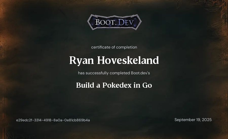 Ryan Hoveskeland's Boot.dev Build a Pokedex in Go certificate