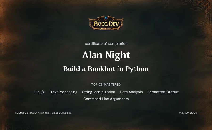 Alan Night's Boot.dev Build a Bookbot in Python certificate