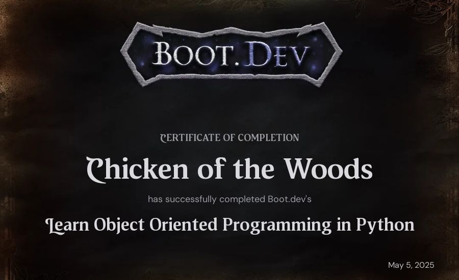 Louie Hagen's Boot.dev Learn Object Oriented Programming in Python certificate