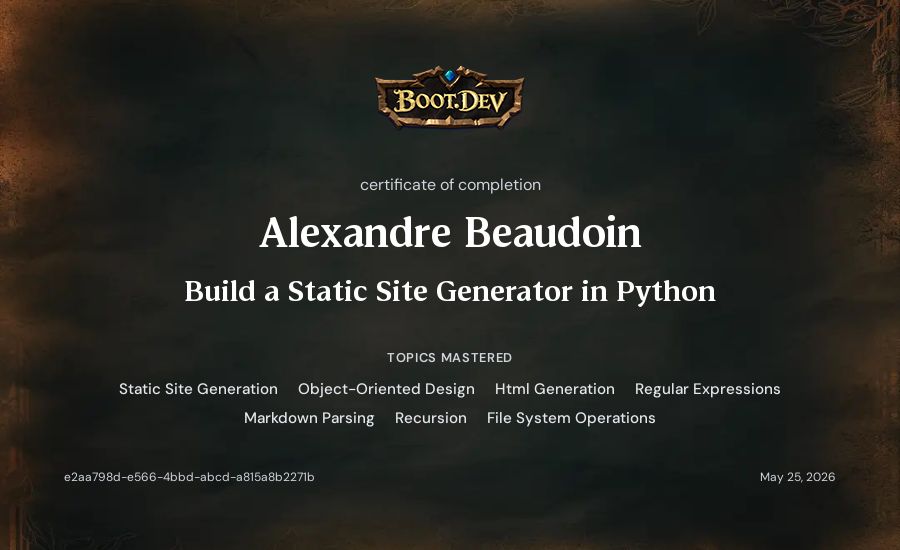Alexandre Beaudoin's Boot.dev Build a Static Site Generator in Python certificate