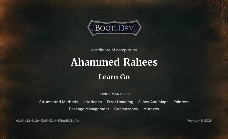 Ahammed Rahees's Boot.dev Learn Go certificate
