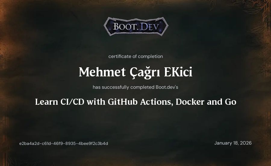 Mehmet Çağrı Ekici's Boot.dev Learn CI/CD with GitHub Actions, Docker and Go certificate