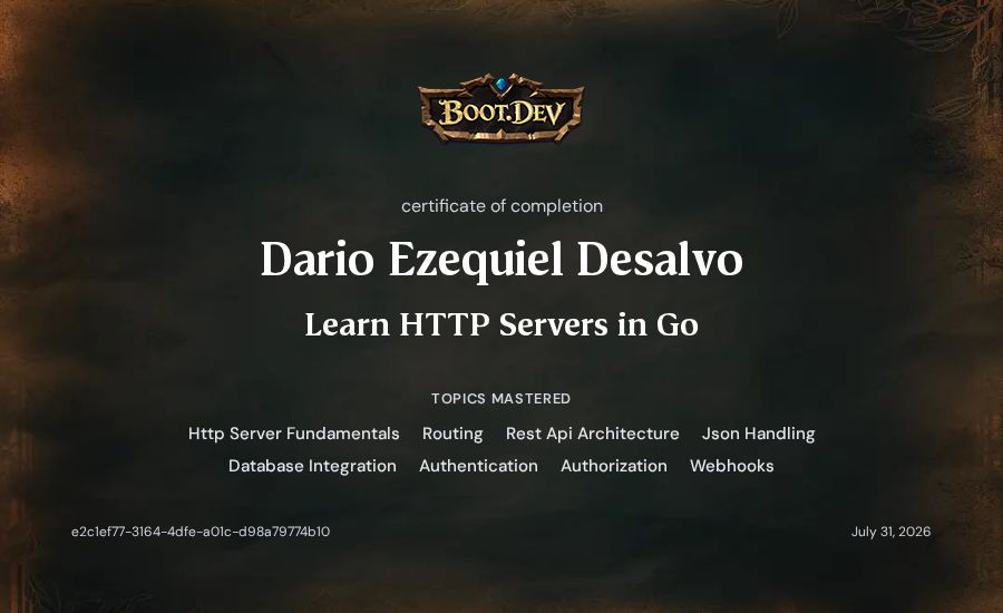 Dario Ezequiel Desalvo's Boot.dev Learn HTTP Servers in Go certificate