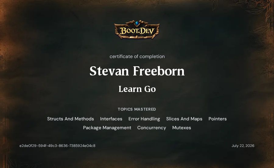 Stevan Freeborn's Boot.dev Learn Go certificate